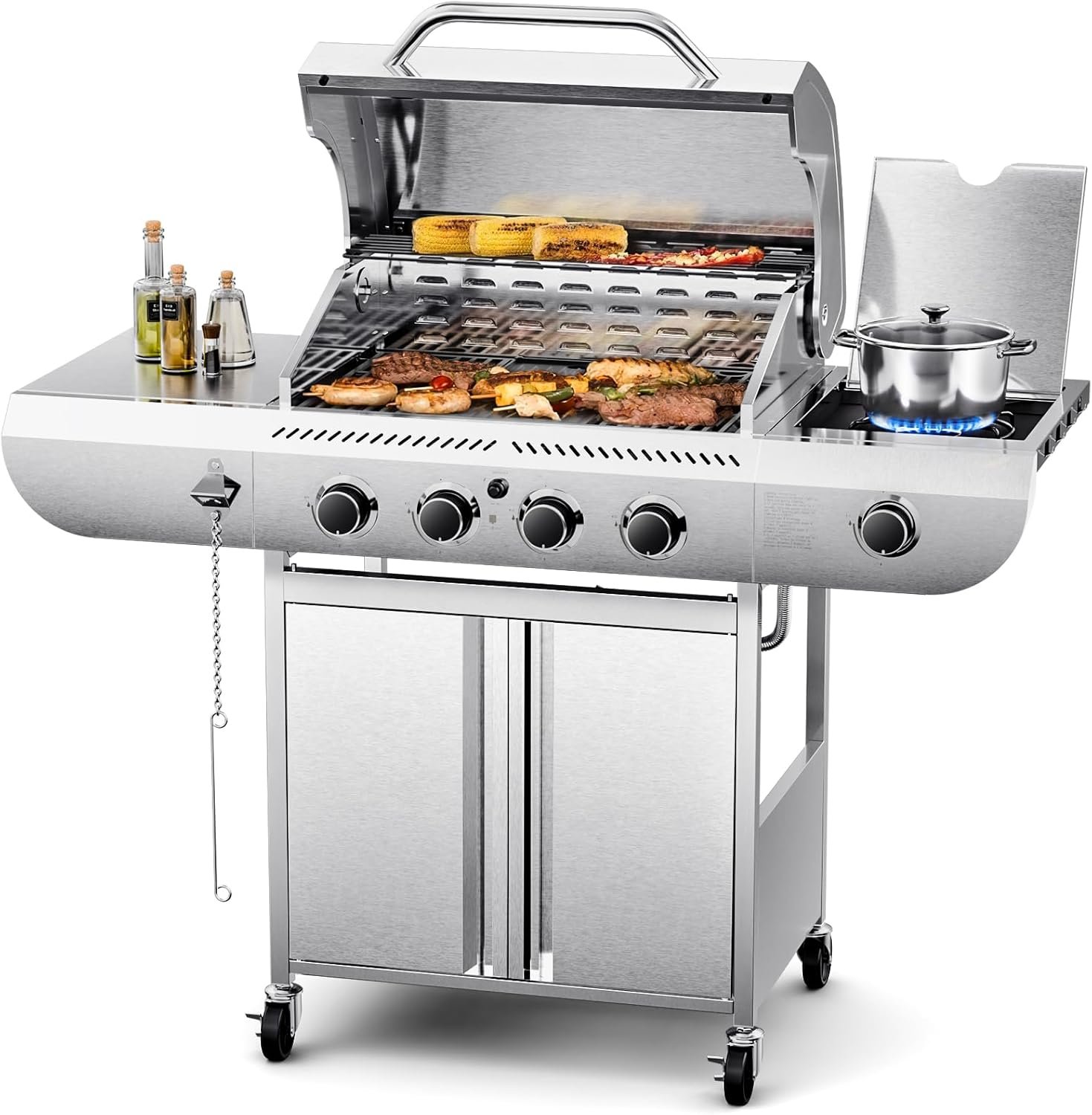 4-Burner BBQ Propane Gas Grill, 42,000 BTU Stainless Steel Barbecue Propane Grill with Side Burner G0141B 4-Burner BBQ Propane Gas Grill, 42,000 BTU Stainless Steel Barbecue Propane Grill with Side Burner G0141B