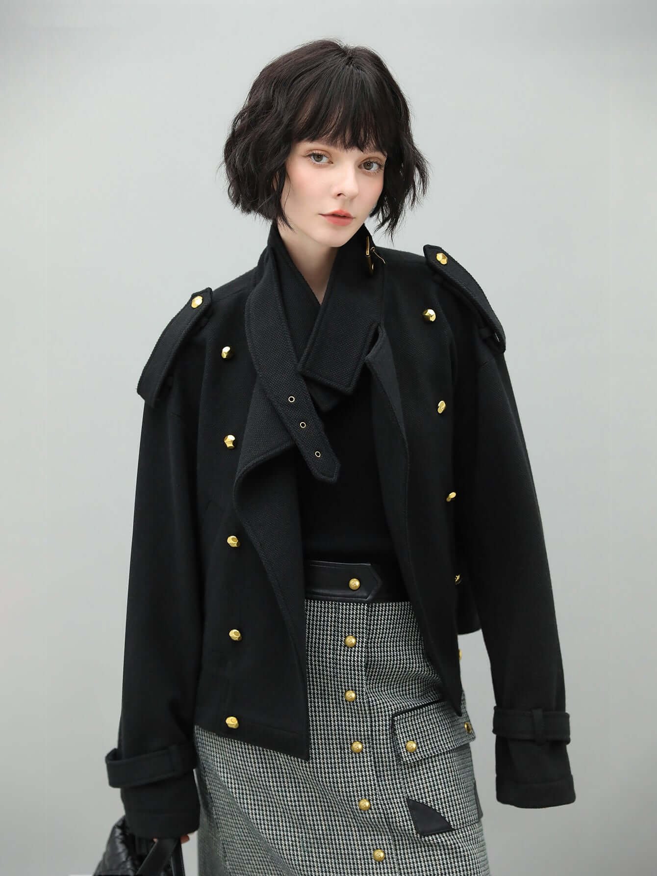 Black Double Breasted Trench Coat with a Detachable High Neck Collar Black Double Breasted Trench Coat with a Detachable High Neck Collar