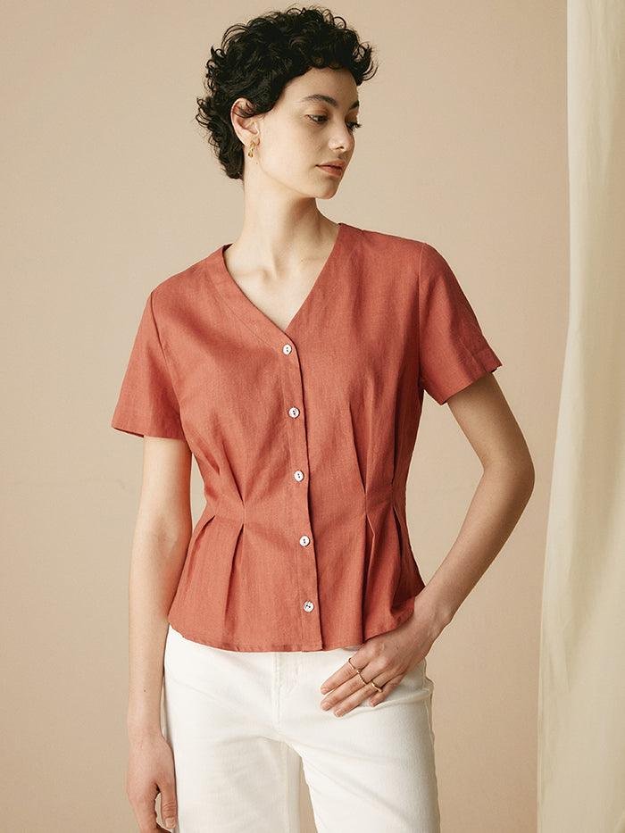 100% Linen Short-Sleeve Pleated Waist Shirt JAN 100% Linen Short-Sleeve Pleated Waist Shirt JAN