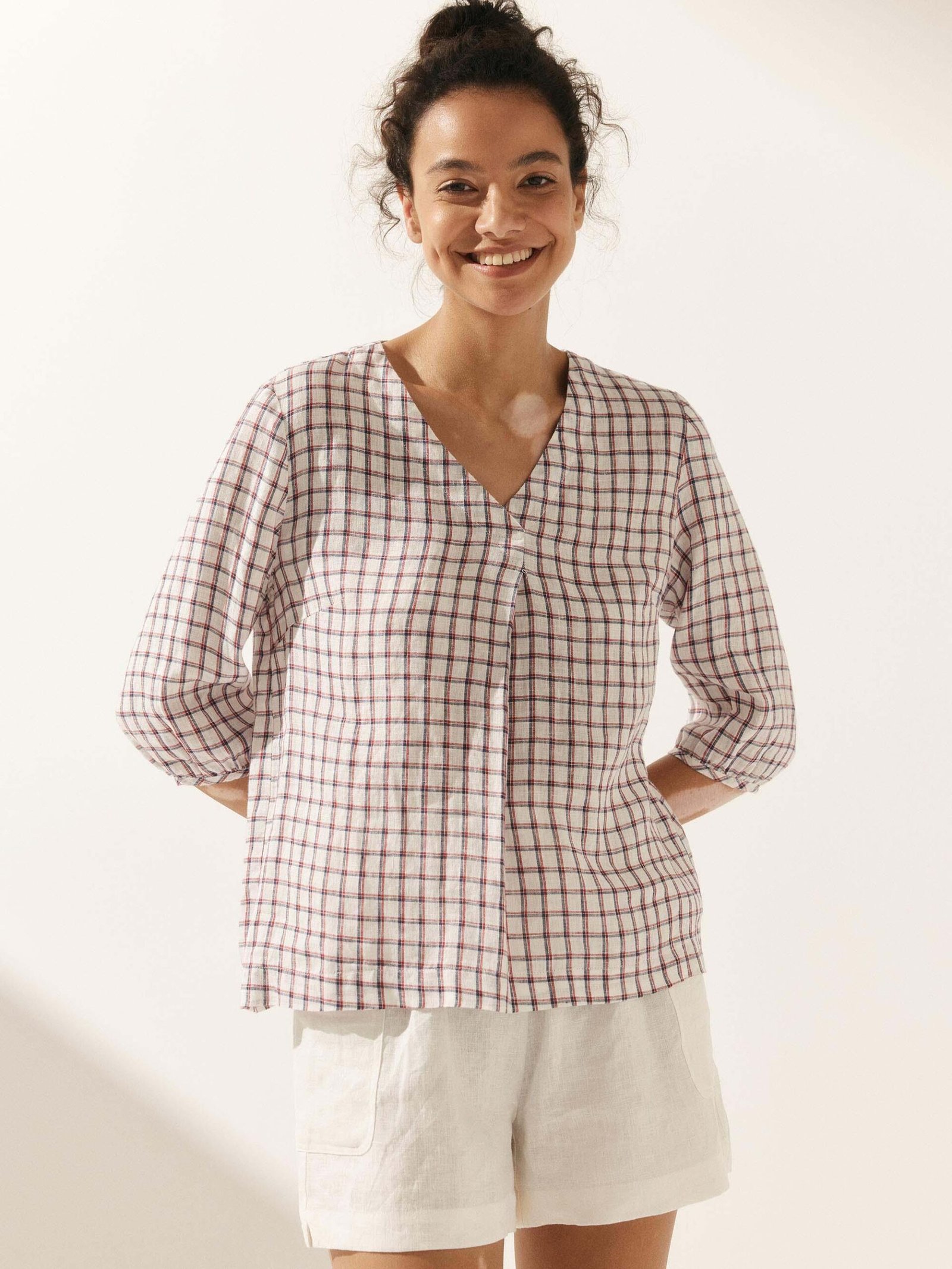 100% Linen Gingham Checked Puff Sleeves Top KATIE 100% Linen Gingham Checked Puff Sleeves Top KATIE
