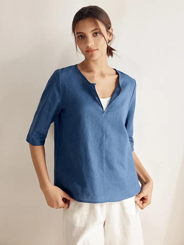 100% Linen Button-Down V-Neck Top MELANIE 100% Linen Button-Down V-Neck Top MELANIE