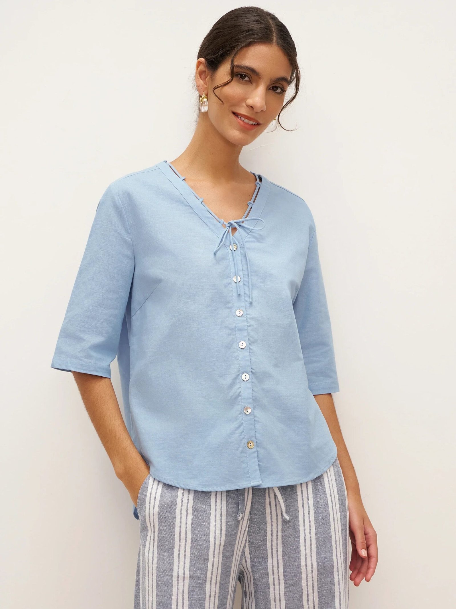 Linen Ladder Tie Simple Shirt DEBRA Linen Ladder Tie Simple Shirt DEBRA
