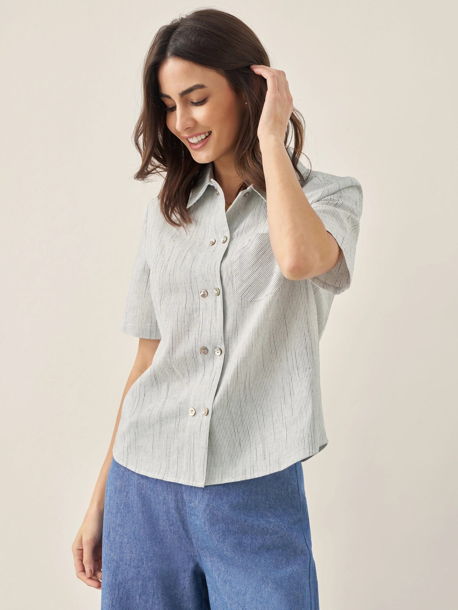 Linen Double-Breasted Artistic Stripe Shirt JUNO Linen Double-Breasted Artistic Stripe Shirt JUNO