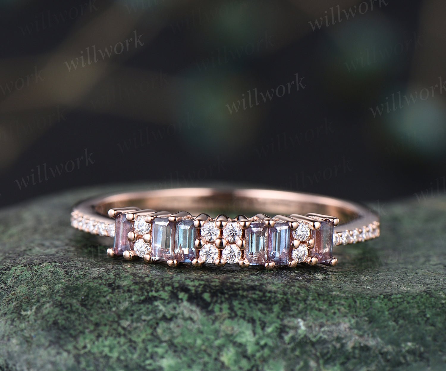 Dainty baguette Alexandrite wedding band minimalist moissanite diamond half eternity wedding band 14k rose gold Alexandrite ring for women Dainty baguette Alexandrite wedding band minimalist moissanite diamond half eternity wedding band 14k rose gold Alexandrite ring for women