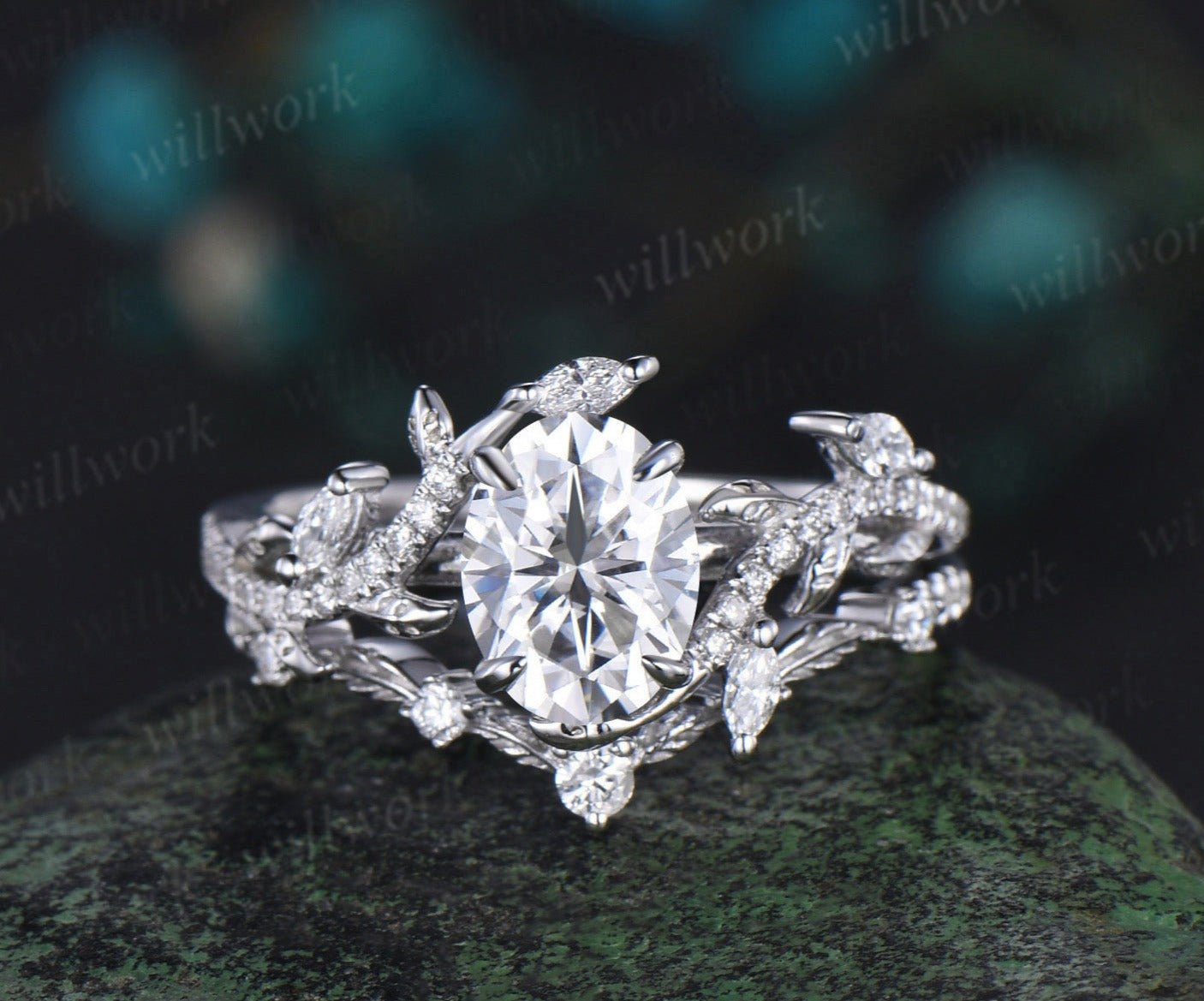 Vintage Oval Cut IGI Lab Grown Diamond Engagement Ring Leaf Nature Inspired Half Eternity Wedding Ring Set Vintage Oval Cut IGI Lab Grown Diamond Engagement Ring Leaf Nature Inspired Half Eternity Wedding Ring Set