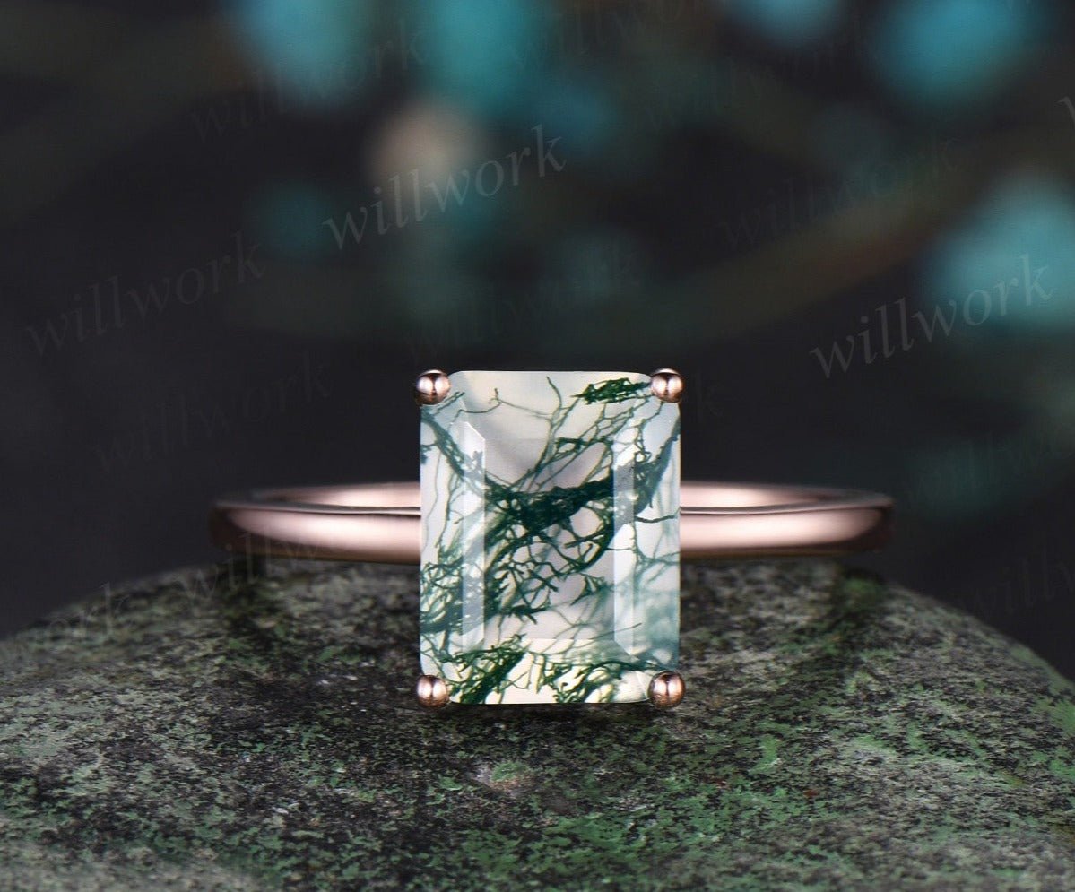 Emerald cut green moss agate engagement ring solid 14k rose gold Solitaire promise anniversary ring women gift Emerald cut green moss agate engagement ring solid 14k rose gold Solitaire promise anniversary ring women gift