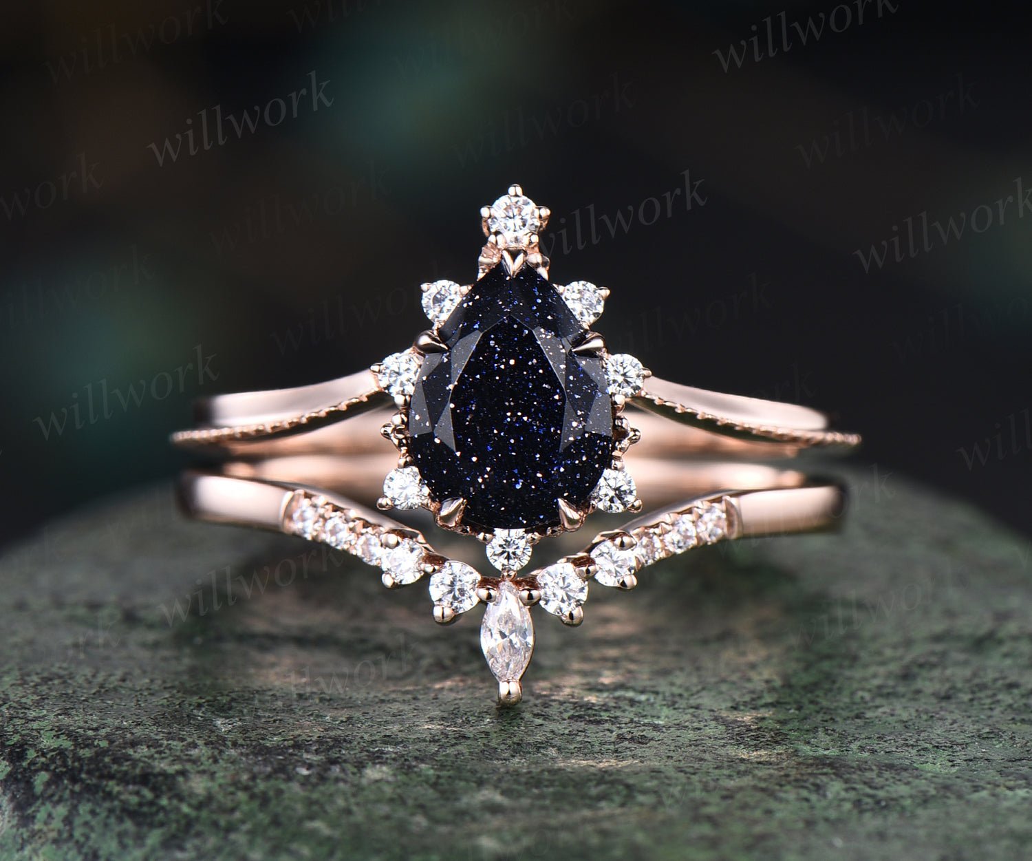 Pear shape blue sandstone engagement ring vintage art deco sandstone ring set solid 14k rose gold moissanite wedding band bridal set jewelry gifts Pear shape blue sandstone engagement ring vintage art deco sandstone ring set solid 14k rose gold moissanite wedding band bridal set jewelry gifts