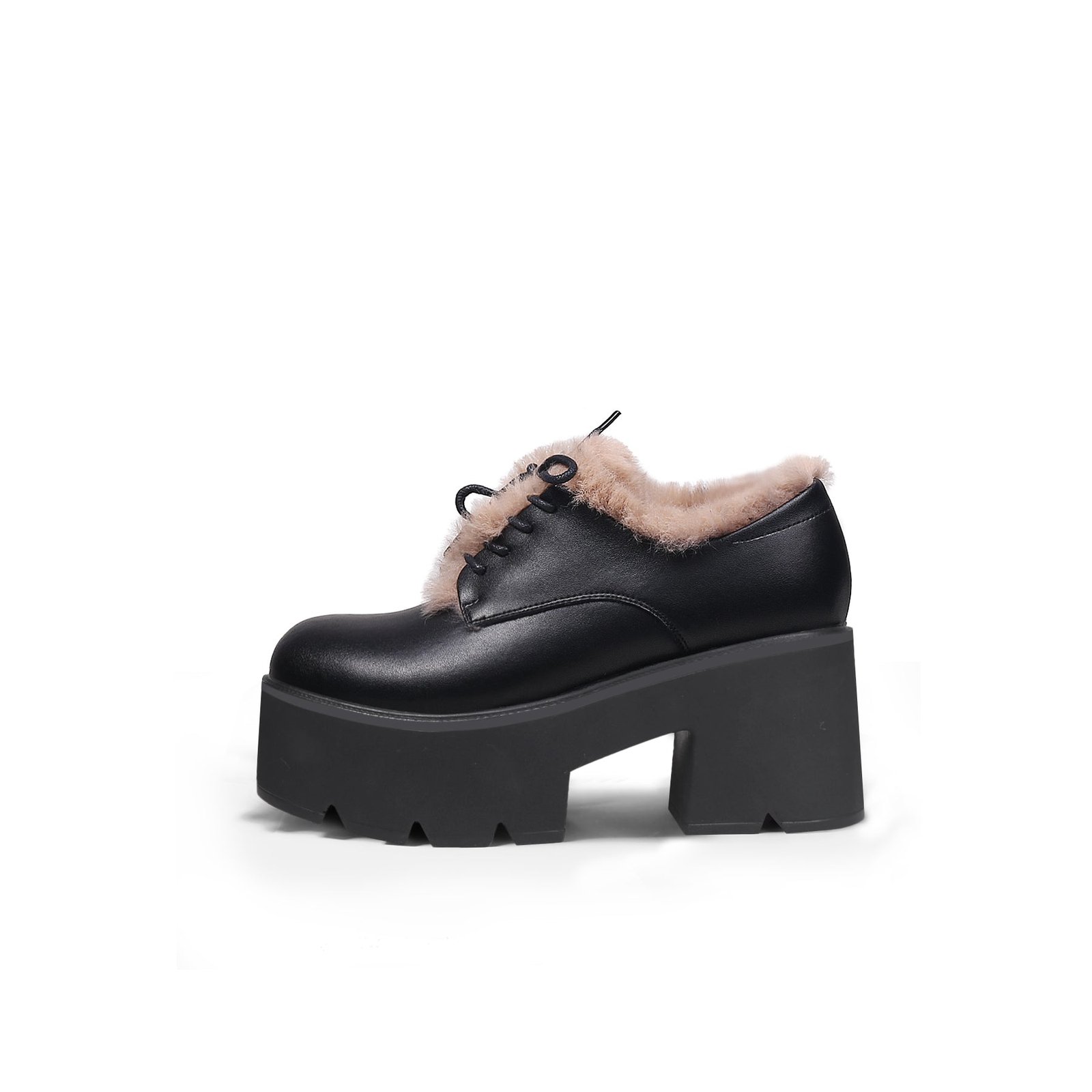 Fur Lined Black Platform Leather Shoes Fur Lined Black Platform Leather Shoes