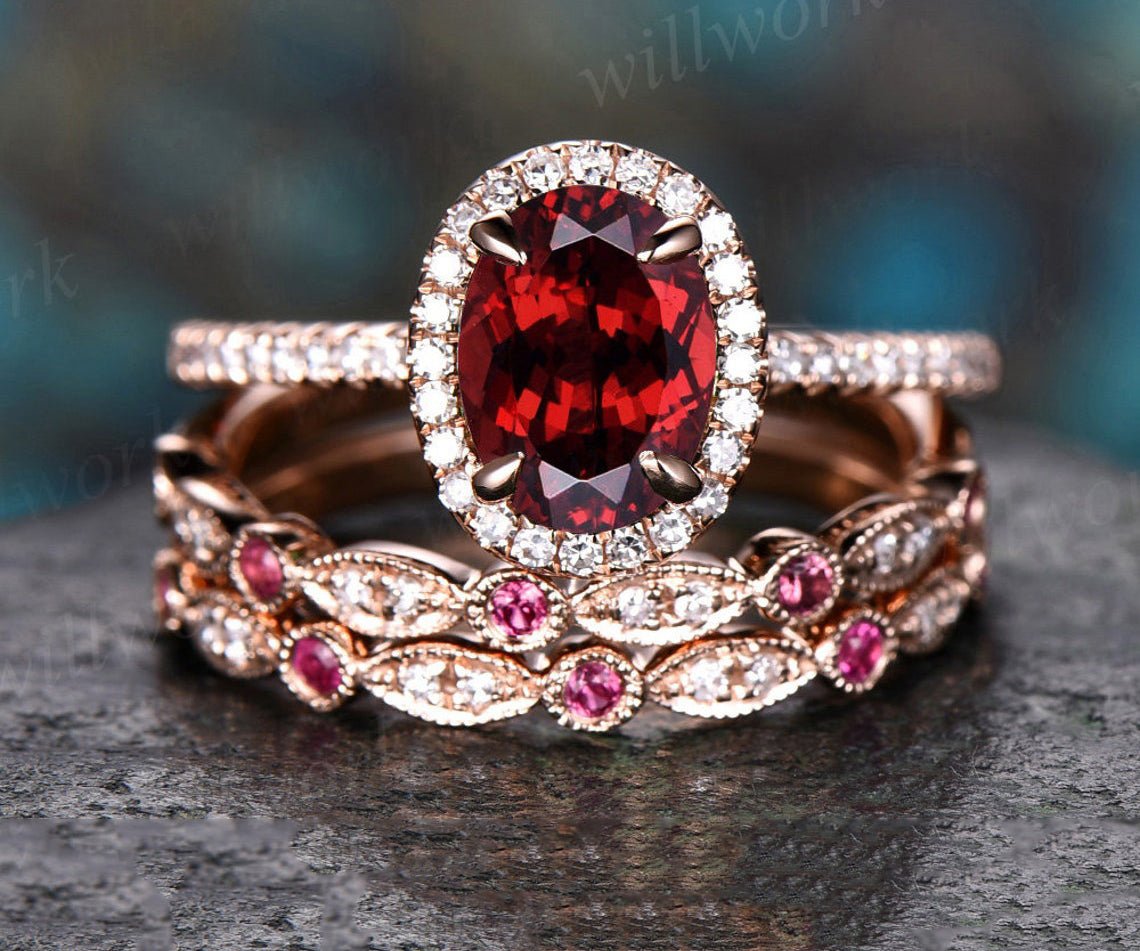 Unique engagement ring set oval garnet engagement ring set vintage natural ruby ring art deco diamond ring set 14k rose gold for women gift Unique engagement ring set oval garnet engagement ring set vintage natural ruby ring art deco diamond ring set 14k rose gold for women gift