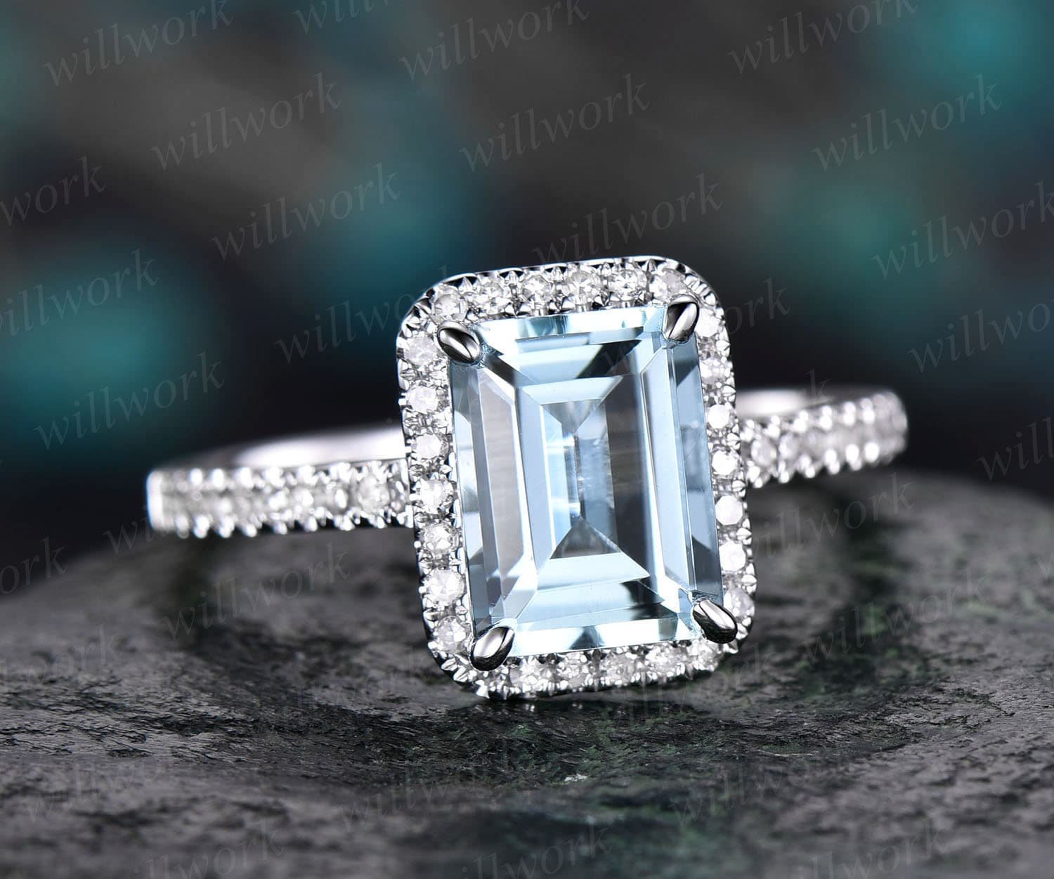 Aquamarine ring vintage unique Emerald cut aquamarine engagement ring white gold halo half eternity diamond ring for women promise ring gift Aquamarine ring vintage unique Emerald cut aquamarine engagement ring white gold halo half eternity diamond ring for women promise ring gift
