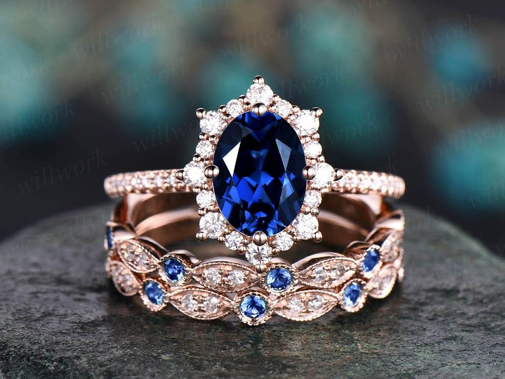 3pc Halo cluster sapphire engagement ring rose gold moissanite natural sapphire diamond wedding band stack vintage for women bridal ring set 3pc Halo cluster sapphire engagement ring rose gold moissanite natural sapphire diamond wedding band stack vintage for women bridal ring set