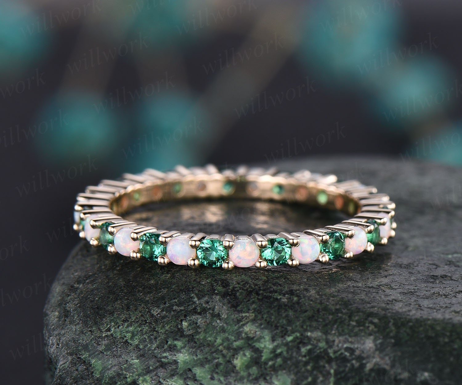 Opal ring vintage emerald ring gold full eternity opal emerald wedding ring band May birthstone matching stacking ring unique jewelry gift Opal ring vintage emerald ring gold full eternity opal emerald wedding ring band May birthstone matching stacking ring unique jewelry gift
