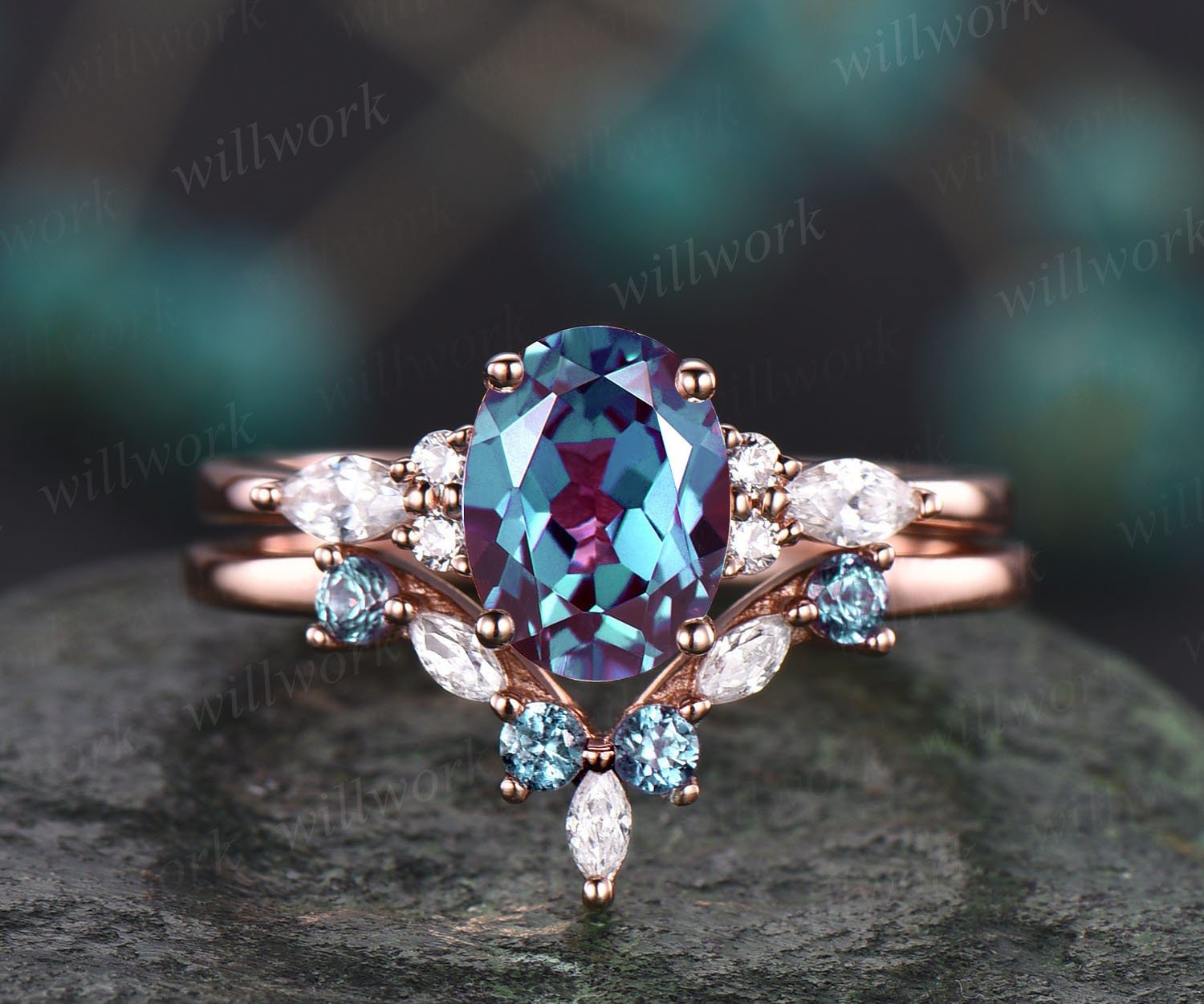 Unique engagement ring set oval cut Alexandrite engagement ring set vintage rose gold ring set cluster marquise ring moissanite ring set Unique engagement ring set oval cut Alexandrite engagement ring set vintage rose gold ring set cluster marquise ring moissanite ring set