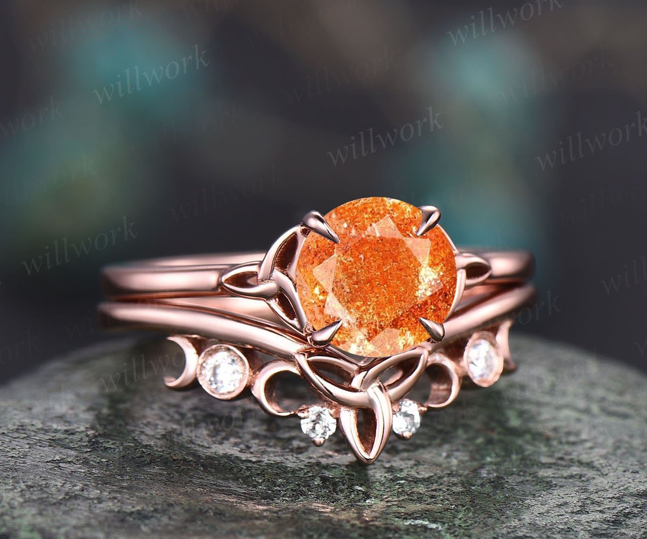 Round sunstone engagement ring set vintage unique solitaire rose gold engagement ring Norse Viking jewelry moissanite wedding ring for women Round sunstone engagement ring set vintage unique solitaire rose gold engagement ring Norse Viking jewelry moissanite wedding ring for women