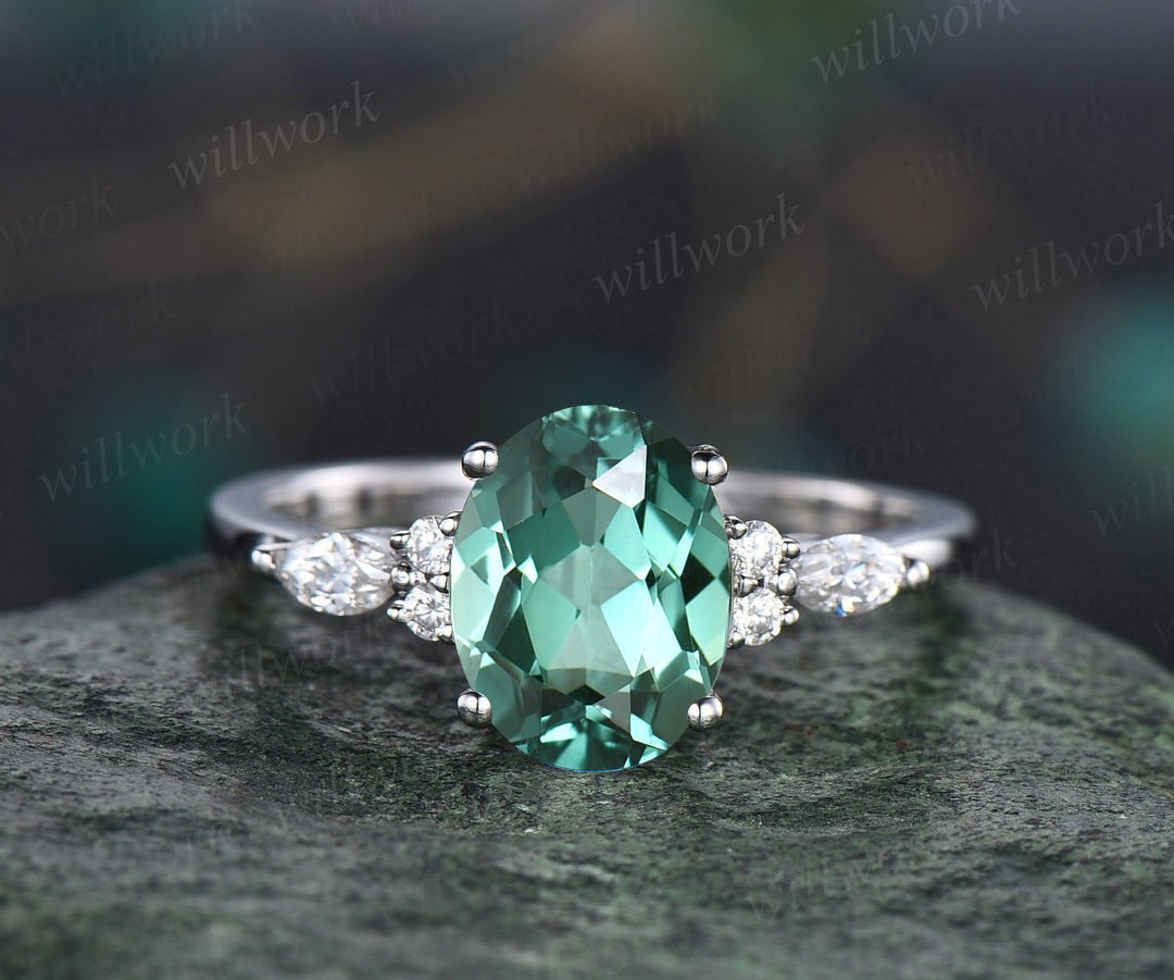 Teal sapphire engagement ring oval green sapphire engagement ring unique marquise white gold engagement ring diamond wedding ring women Teal sapphire engagement ring oval green sapphire engagement ring unique marquise white gold engagement ring diamond wedding ring women