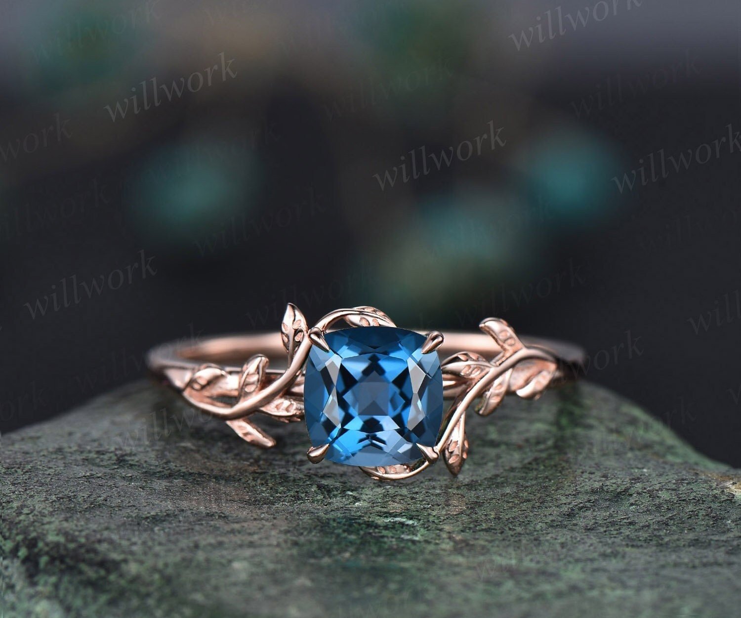 Vintage cushion cut London blue topaz engagement ring rose gold leaf nature inspired engagement ring solitaire promise wedding ring women Vintage cushion cut London blue topaz engagement ring rose gold leaf nature inspired engagement ring solitaire promise wedding ring women