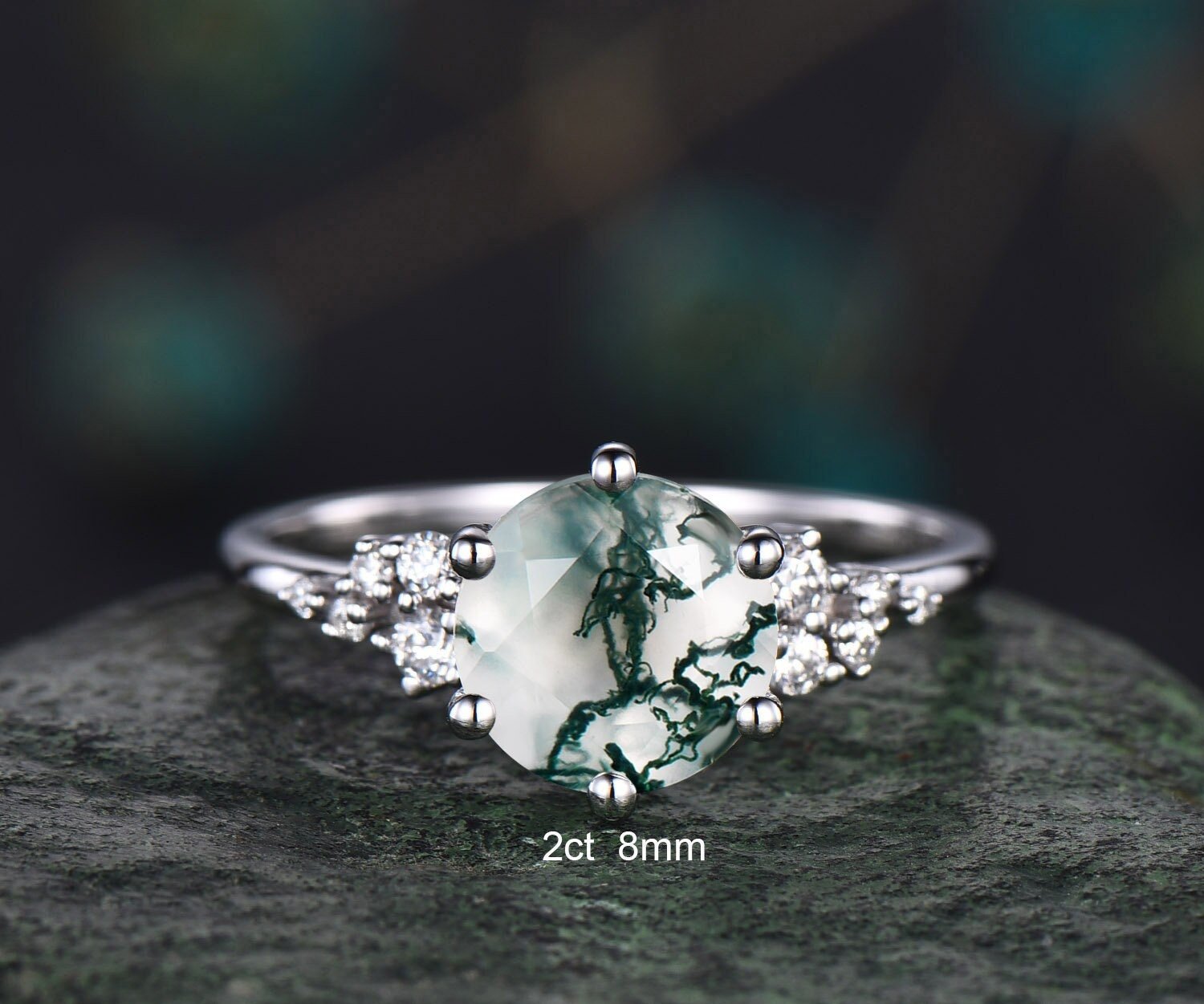 2ct Round moss agate ring vintage moss agate engagement ring white gold cluster unique snowdrift engagement ring diamond ring for women gift 2ct Round moss agate ring vintage moss agate engagement ring white gold cluster unique snowdrift engagement ring diamond ring for women gift