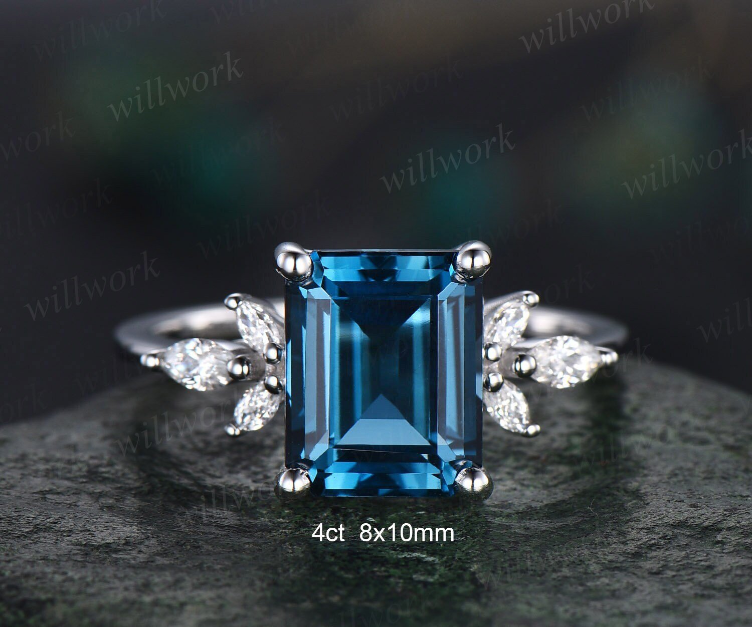 4ct Emerald cut London blue topaz engagement ring 14k white gold marquise cut diamond ring women unique anniversary wedding promise ring 4ct Emerald cut London blue topaz engagement ring 14k white gold marquise cut diamond ring women unique anniversary wedding promise ring
