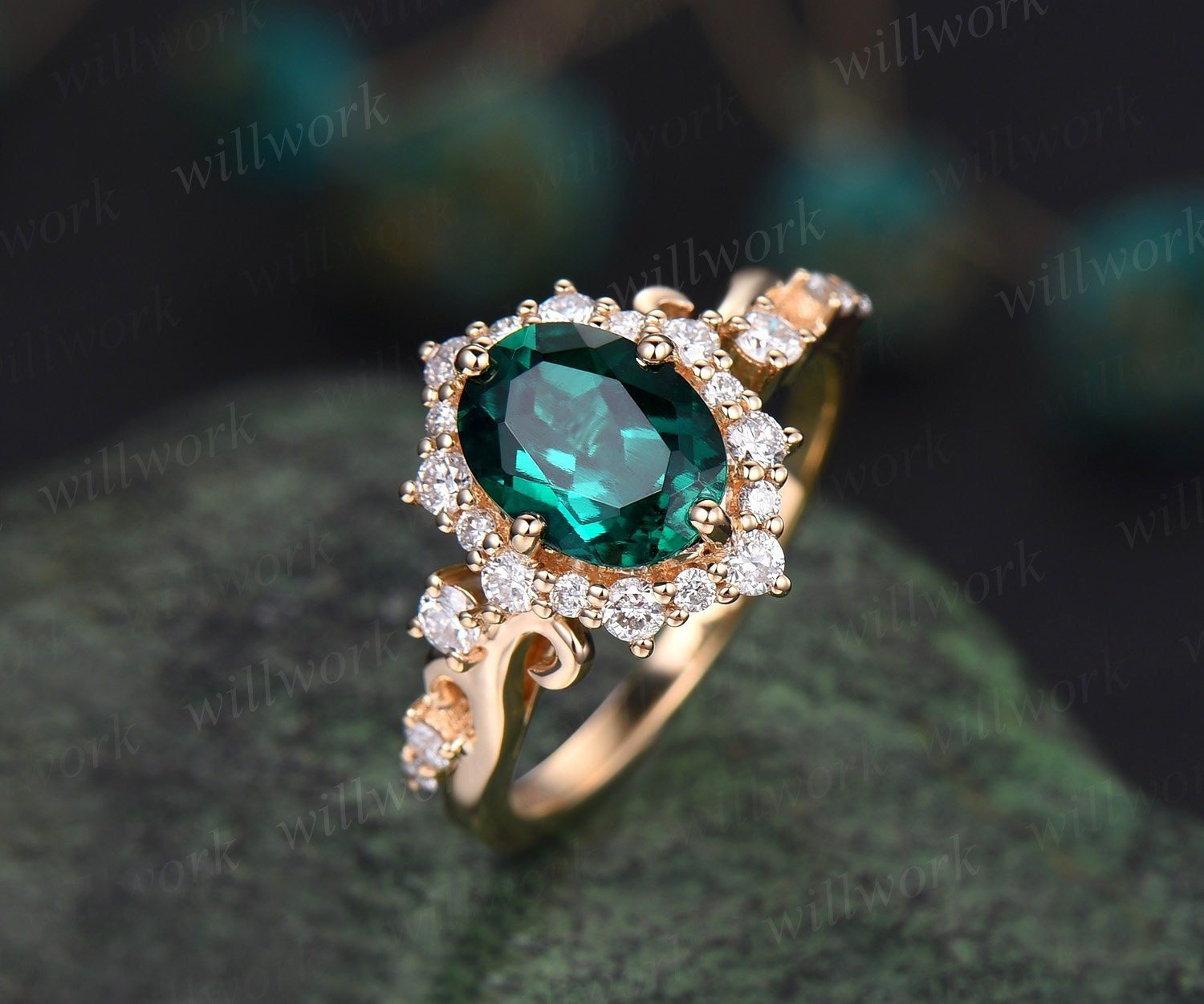 Vintage oval cut emerald engagement ring halo diamond ring 14k yellow gold art deco May birthstone ring unique bridal ring women jewelry Vintage oval cut emerald engagement ring halo diamond ring 14k yellow gold art deco May birthstone ring unique bridal ring women jewelry