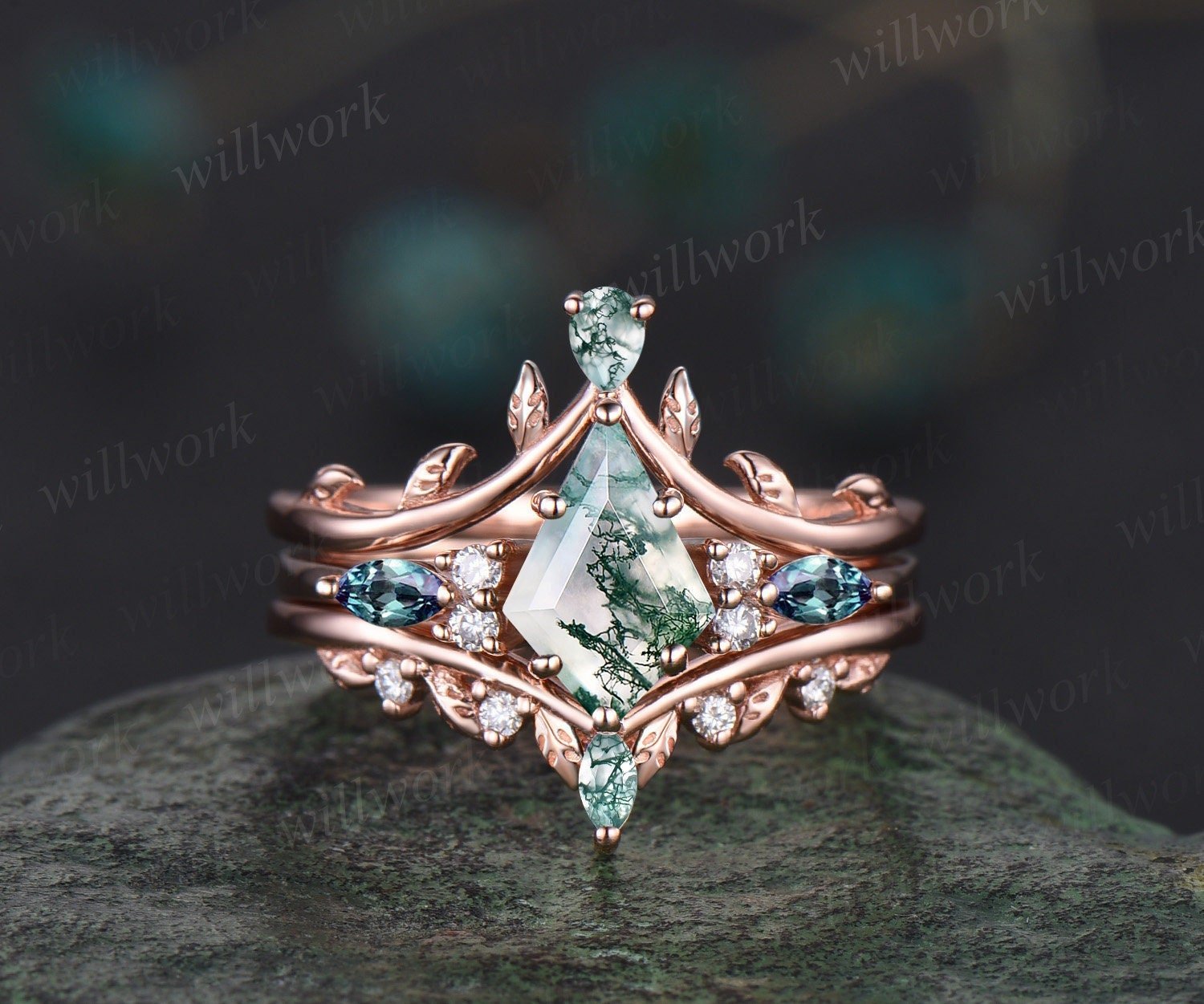 Vintage kite natural moss agate engagement ring art deco alexandrite ring rose gold leaf nature inspired moissanite wedding ring band women Vintage kite natural moss agate engagement ring art deco alexandrite ring rose gold leaf nature inspired moissanite wedding ring band women