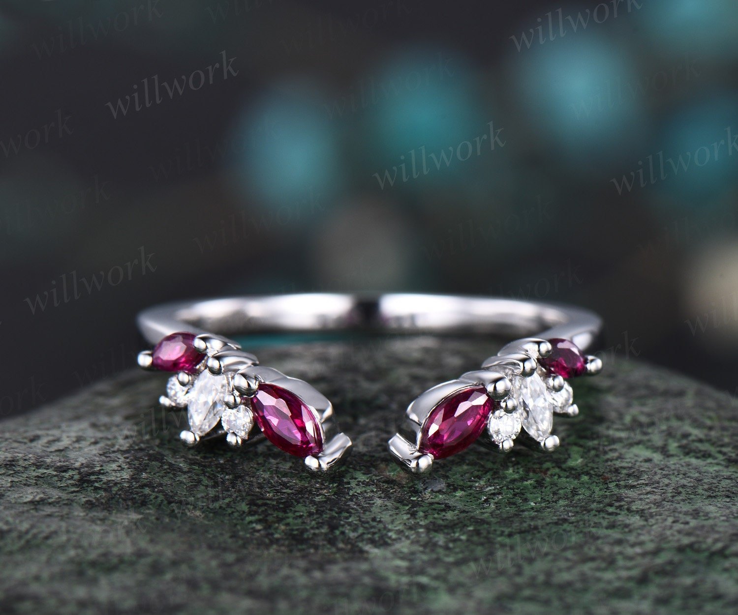 Open gap curved marquise cut natural ruby wedding band solid 14k rose gold cluster diamond ring vintage bridal anniversary ring gift Open gap curved marquise cut natural ruby wedding band solid 14k rose gold cluster diamond ring vintage bridal anniversary ring gift