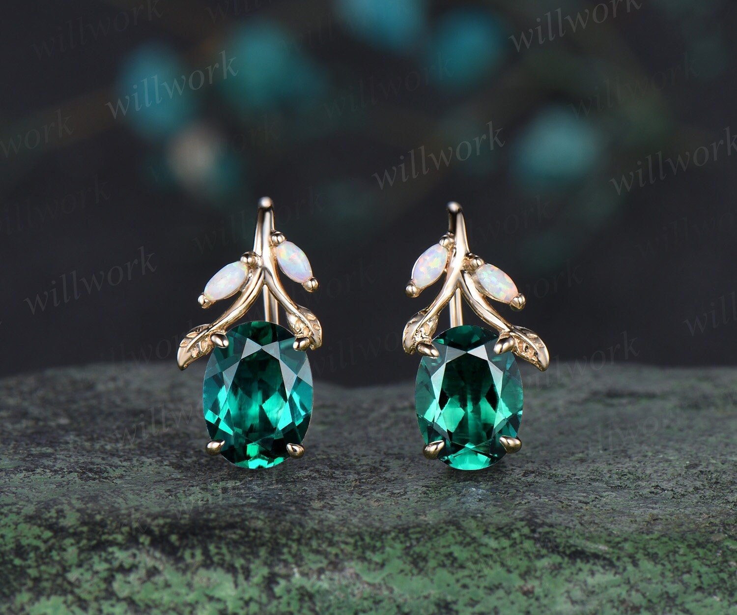 Oval cut green emerald earrings solid 14k yellow gold vintage leaf marquise opal drop earrings women anniversary gift jewelry Oval cut green emerald earrings solid 14k yellow gold vintage leaf marquise opal drop earrings women anniversary gift jewelry
