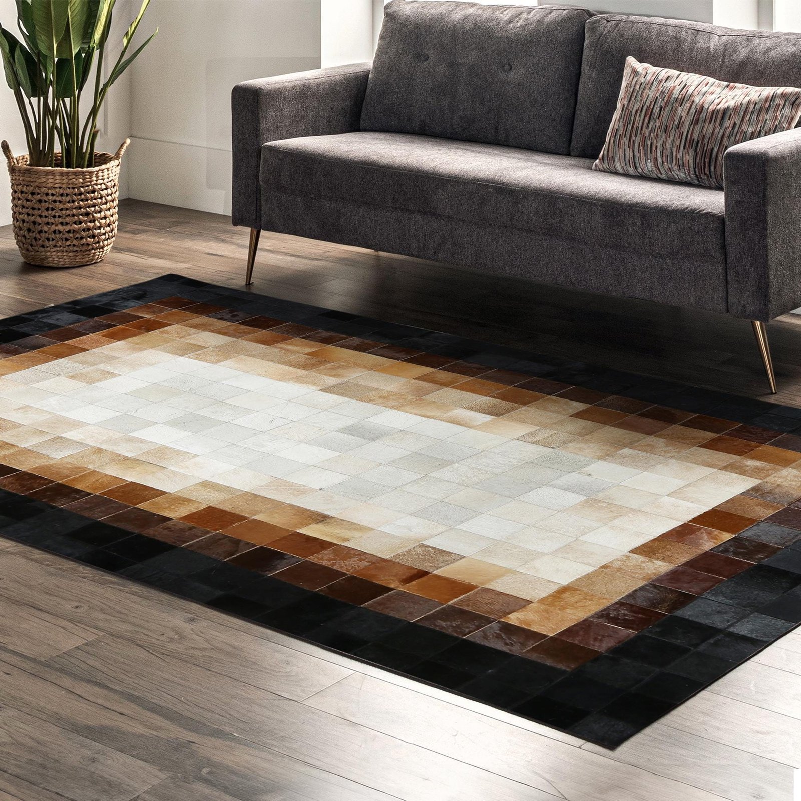 Beige & Black Ombre Border Patchwork Cowhide Rug Beige & Black Ombre Border Patchwork Cowhide Rug