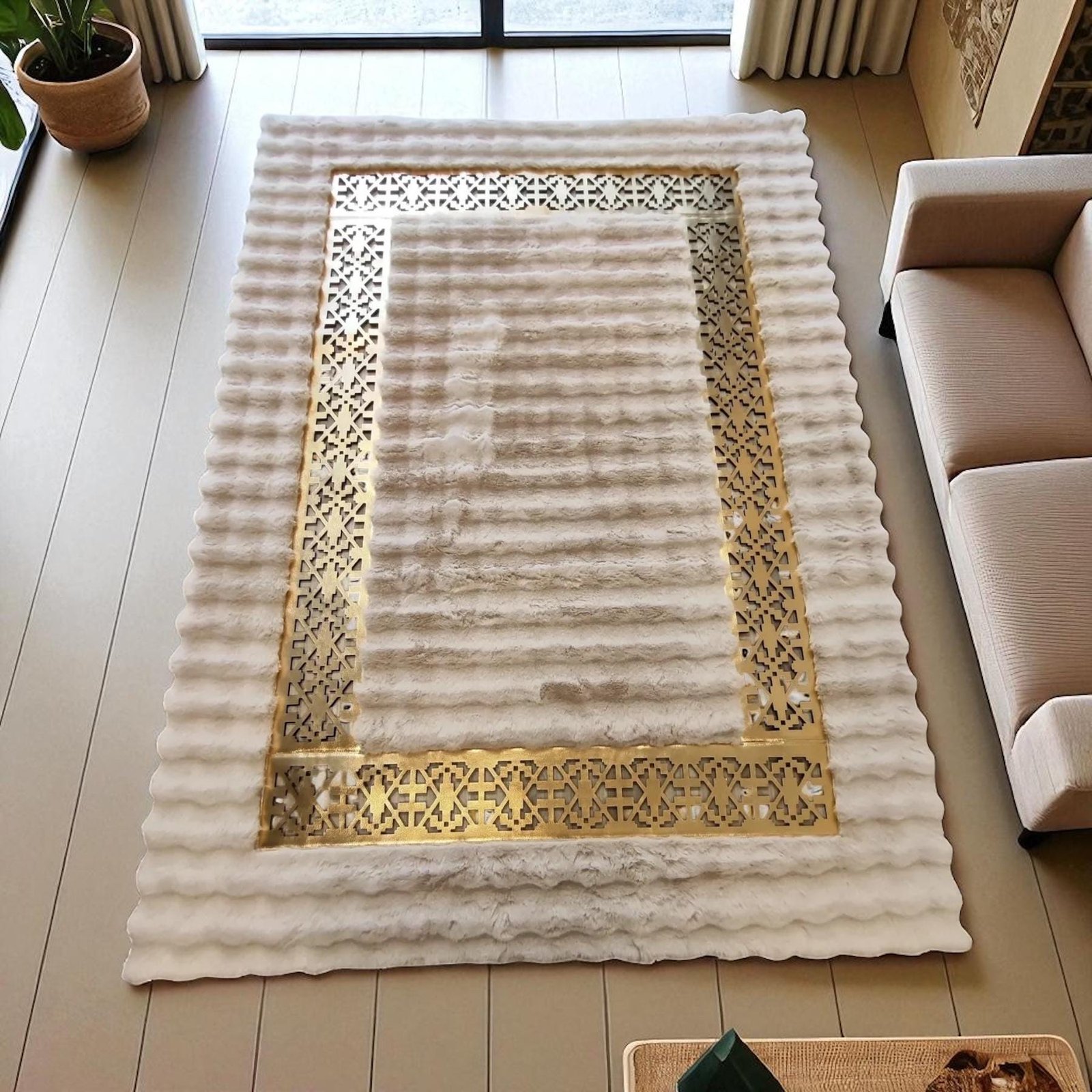 Cream Plush Area Rug with Gold Border, Non-Slip Luxury Rug for Living Room or Bedroom, Custom Size Cream Plush Area Rug with Gold Border, Non-Slip Luxury Rug for Living Room or Bedroom, Custom Size