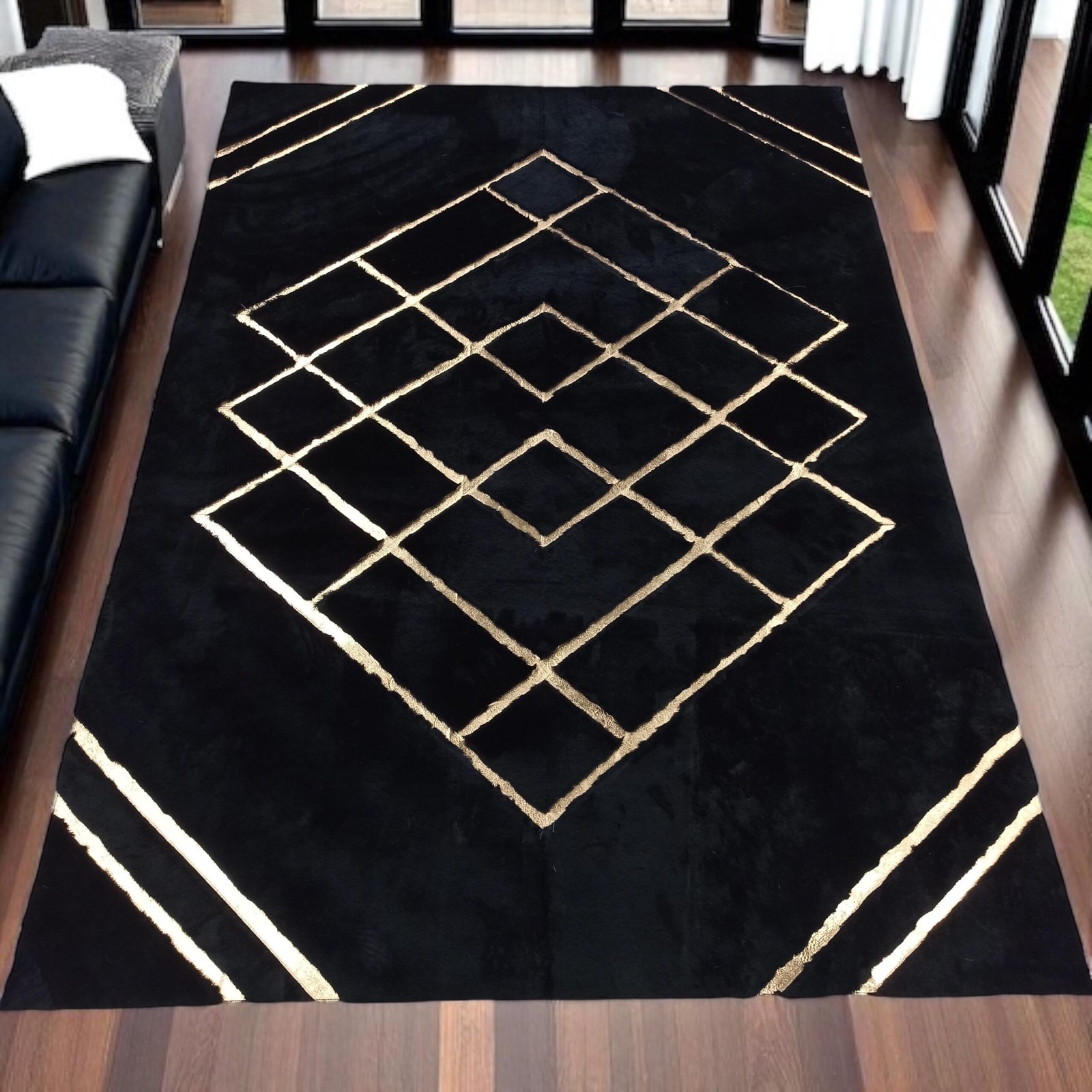 Black Gold Geometric Plush Rug Black Gold Geometric Plush Rug