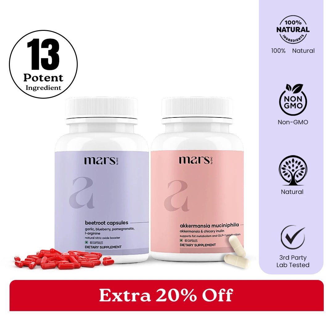 FusionFlow GLP-1 Combo: Mars Beetroot Nitric Oxide Booster & Mars Akkermansia Muciniphila Capsules FusionFlow GLP-1 Combo: Mars Beetroot Nitric Oxide Booster & Mars Akkermansia Muciniphila Capsules