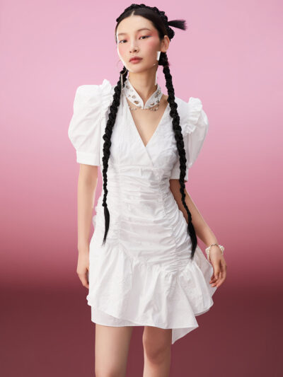 MUKZIN Elegant Original Temperament Cheongsam V-neck White Ruffles