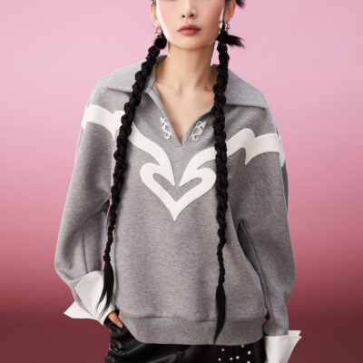 MUKZIN Off-White Contrasting Small V-Neck Sweatshirt Casual