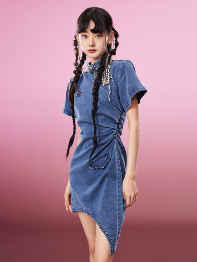 MUKZIN Washed Denim Blue Improved Cheongsam