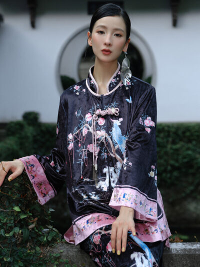 MUKZIN Linglong "Linglongzi" Stand Collar Velvet Printed Cardigan