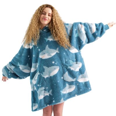 Bedsure Printed Shaggy Sherpa Blanket Hoodie Sky Blue
