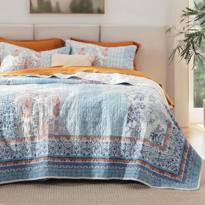 Cotton Patterned Light Blue Quilt Set