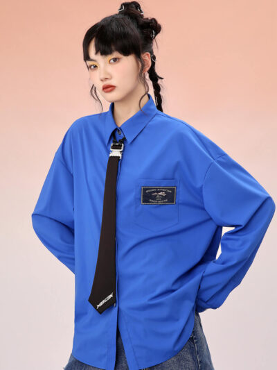 MUKZIN Blue Loose Shirts With Black Necktie