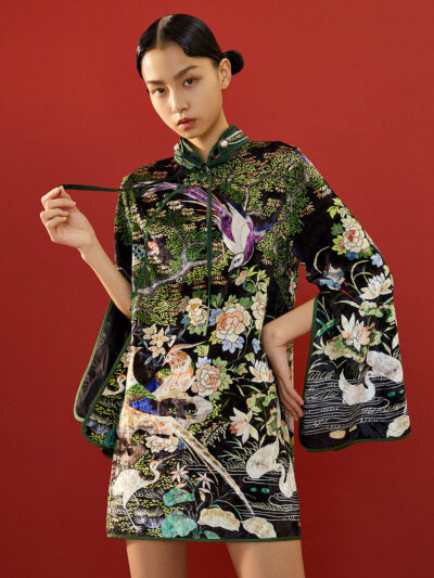 MUKZIN Dense Fan Retro Floral Trumpet Slit Cheongsam Qi Pao