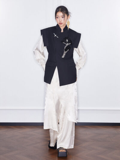 MUKZIN Spring Prelude Peacock Feather New Chinese Style Fake Two Piece Wide Leg Trousers Spring Summer