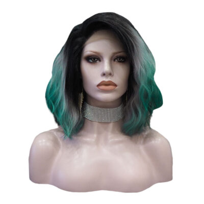 Premium Wig - Ombre Grey Turquoise Medium Curl Lace Front Wig