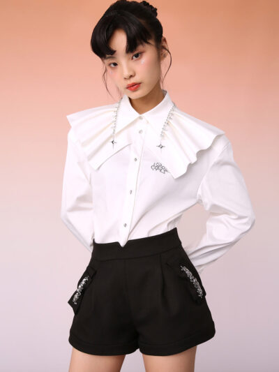 MUKZIN White Ruffle Neck Shirt