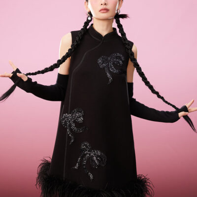MUKZIN Ribbon Sequin Embroidered Knit Sleeve Modified Cheongsam