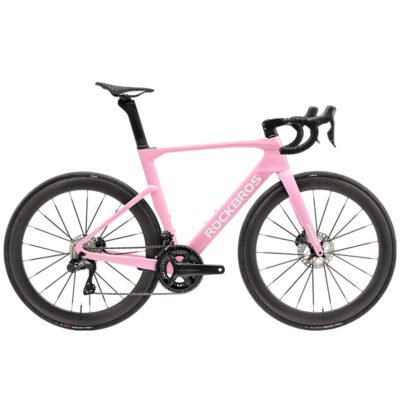 ROCKBROS T700 Carbon Fiber Aerodynamic Road Bike 105 Electronic Shifting Disc Brakes Pink