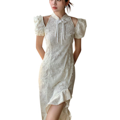 MUKZIN Lace Print Hollow Puff Sleeve Cheongsam Qi Pao