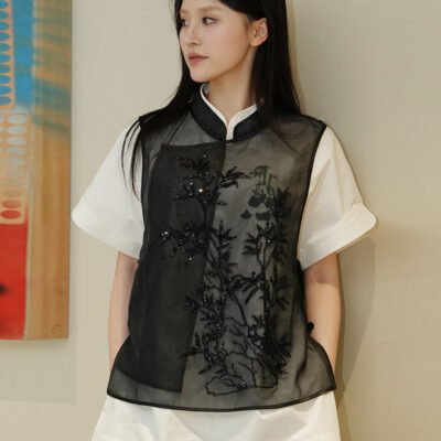 MUKZIN Black See-through Bamboo Leaf Embroidered Vest