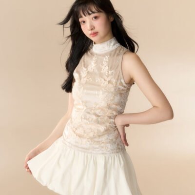 MUKTANK X LOUMUTAKU Floral Velvet Lace Stretch Sleeveless Top