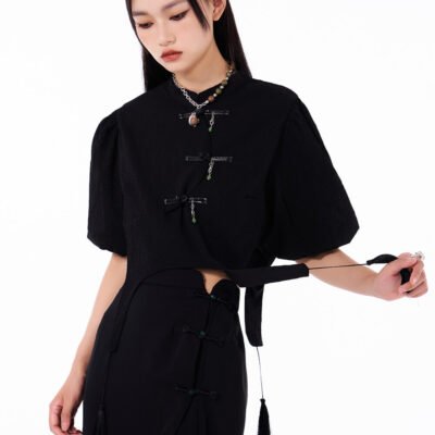 MUKTANK Black Chinese Style Short Detachable Pendant Puff Sleeve Shirt