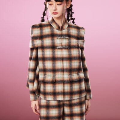 MUKZIN Brown Exquisite Woolen Plaid Suit Coat