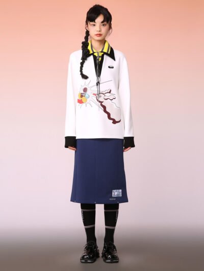 MUKIZN Mid-Length White Double-Neck Polo Sweatshirt