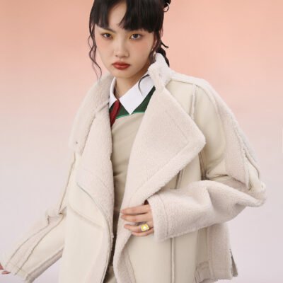 MUKZIN White Cropped Wool Splicing Jacket